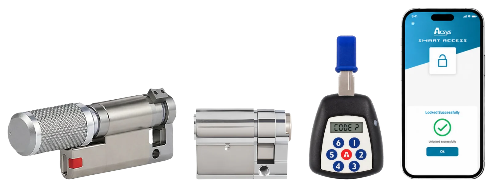 Acsys keyless BOLT cylinder, keyed blind cylinder, Bluetooth key and the Smart Access mobile app
